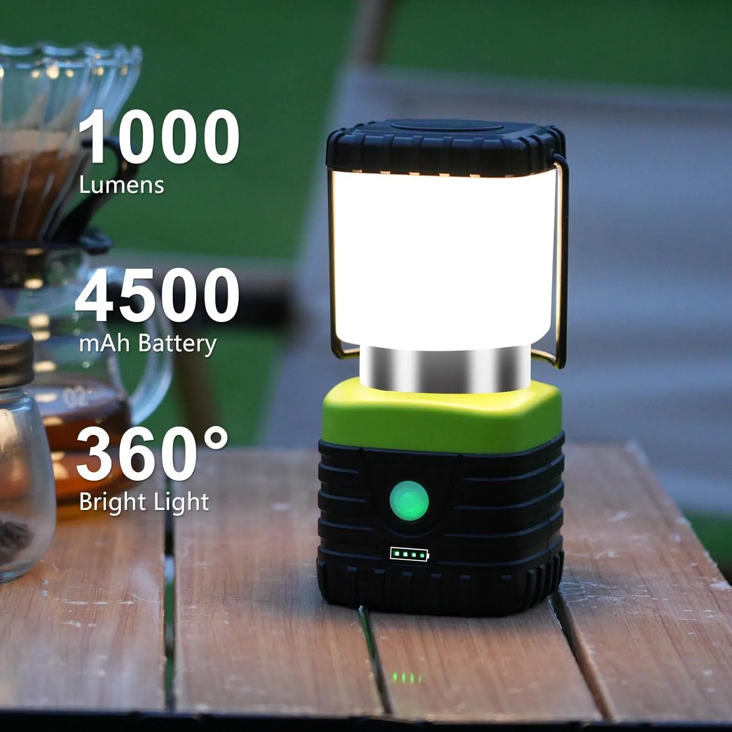 1PCS 3200K Warm Light LED Camping Lantern Rechargeable 1000LM, 4500mAh Power Bank, Flashlight for Hurricane Emergency, Hiking, IP44 Waterproof Lantern(Green)