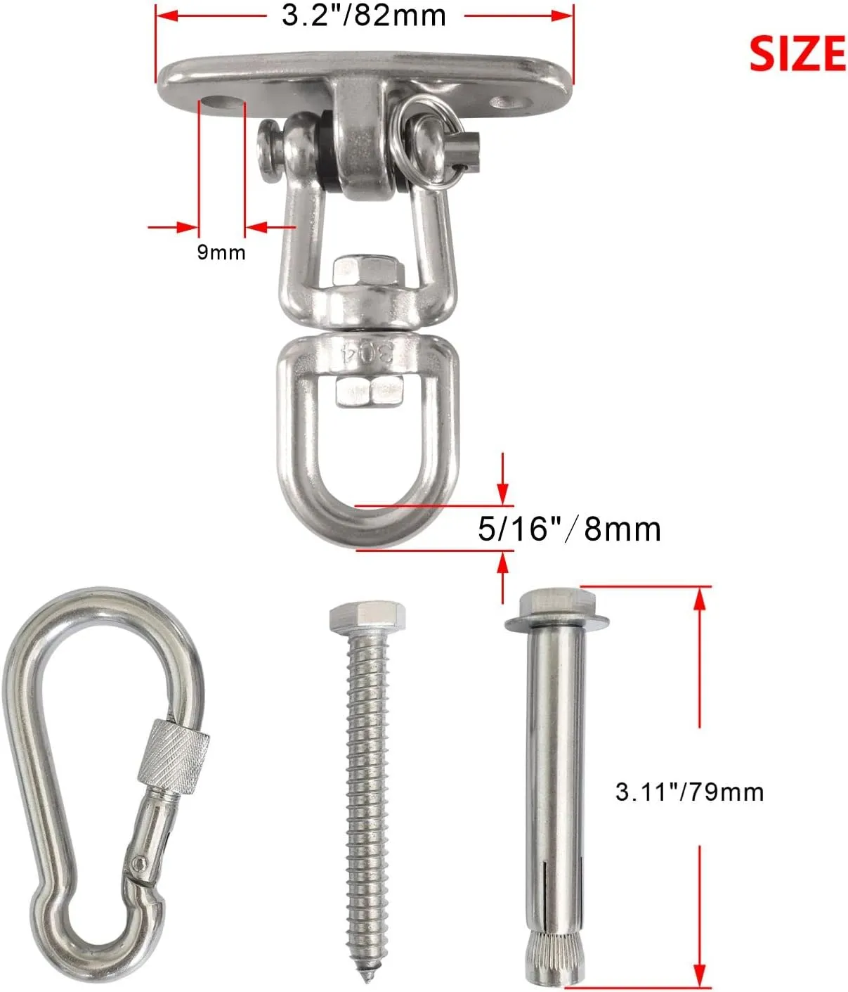 2 Pack 360°Rotate Swing Hanger Set Ceiling Swing Mount Suspension Hooks 1500lb Capacity with Bolt Screws Locking Carabiner for Concrete Wooden Sets Playground Porch Indoor Outdoor Seat, Gym