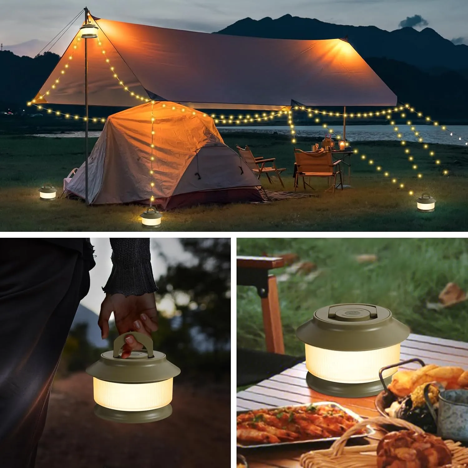 2 Pack 65.6ft Retractable Camping String Lights,3000mAh Camping Essentials Lamp Lights Waterproof,5Modes Outdoor Lights String for Tent,Yard,Hiking,RV,Holiday Decoration,Rechargeable Camping Lights
