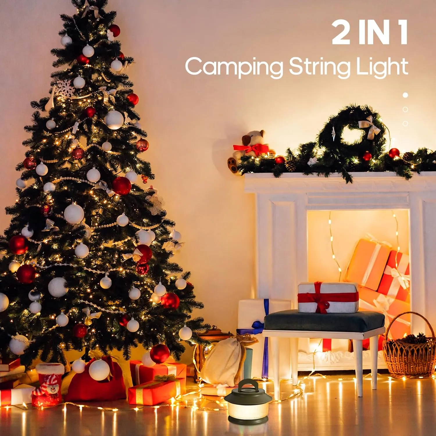 2 Pack 65.6ft Retractable Camping String Lights,3000mAh Camping Essentials Lamp Lights Waterproof,5Modes Outdoor Lights String for Tent,Yard,Hiking,RV,Holiday Decoration,Rechargeable Camping Lights