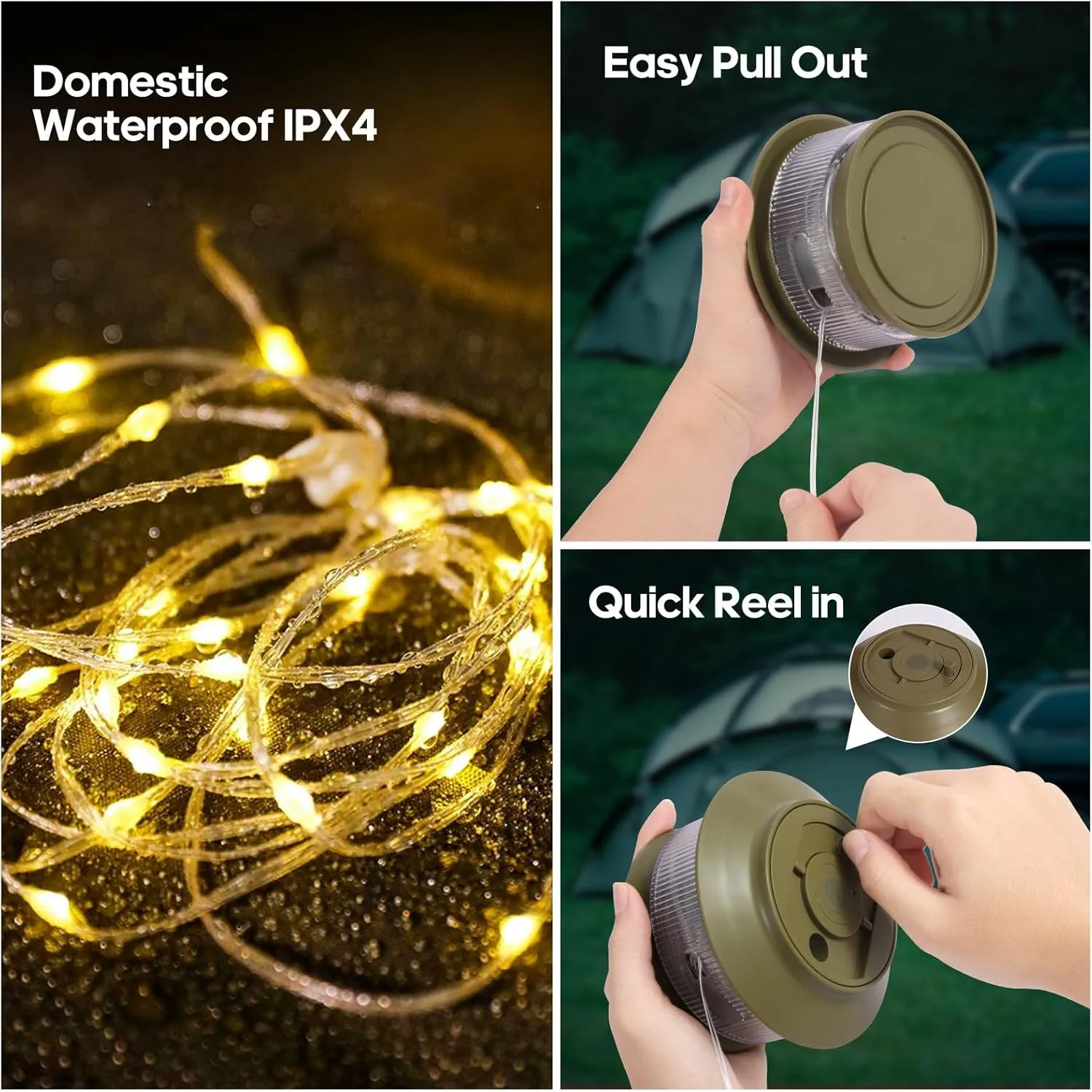 2 Pack 65.6ft Retractable Camping String Lights,3000mAh Camping Essentials Lamp Lights Waterproof,5Modes Outdoor Lights String for Tent,Yard,Hiking,RV,Holiday Decoration,Rechargeable Camping Lights