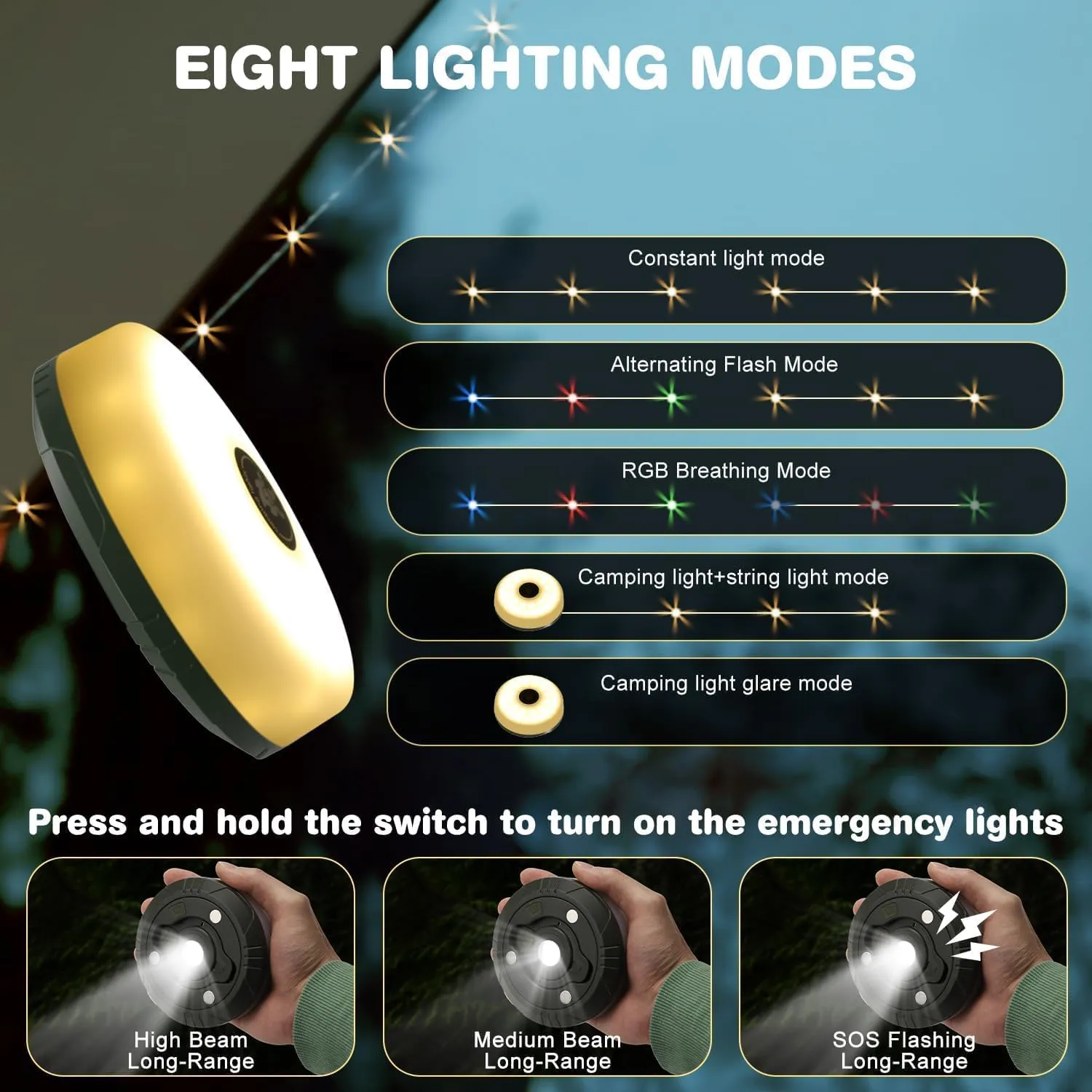 2 Pack Camping String Lights, 2 in 1 Outdoor String Lights with 8 Lighting Modes(32.8Ft), Quick 30s Recovery, Durable and Waterproof, USB Charging, Rechargeable String Lights for Camping Yard Hiking