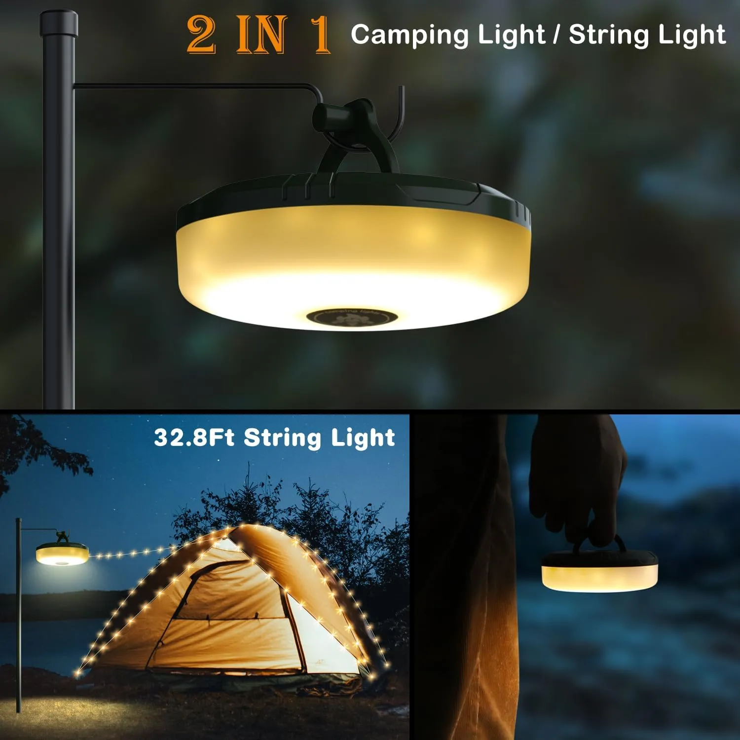 2 Pack Camping String Lights, 2 in 1 Outdoor String Lights with 8 Lighting Modes(32.8Ft), Quick 30s Recovery, Durable and Waterproof, USB Charging, Rechargeable String Lights for Camping Yard Hiking