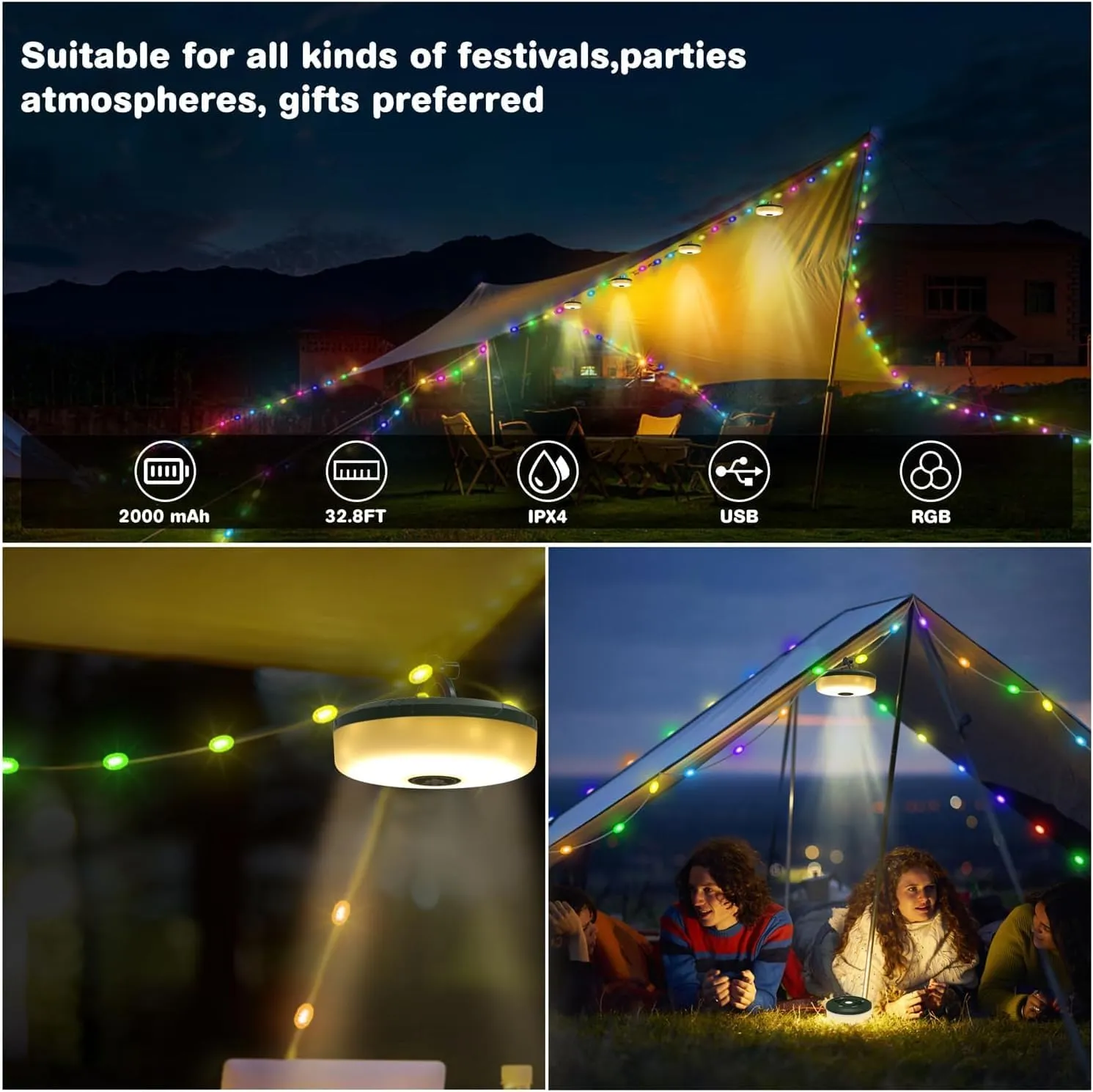 2 Pack Camping String Lights, 2 in 1 Outdoor String Lights with 8 Lighting Modes(32.8Ft), Quick 30s Recovery, Durable and Waterproof, USB Charging, Rechargeable String Lights for Camping Yard Hiking