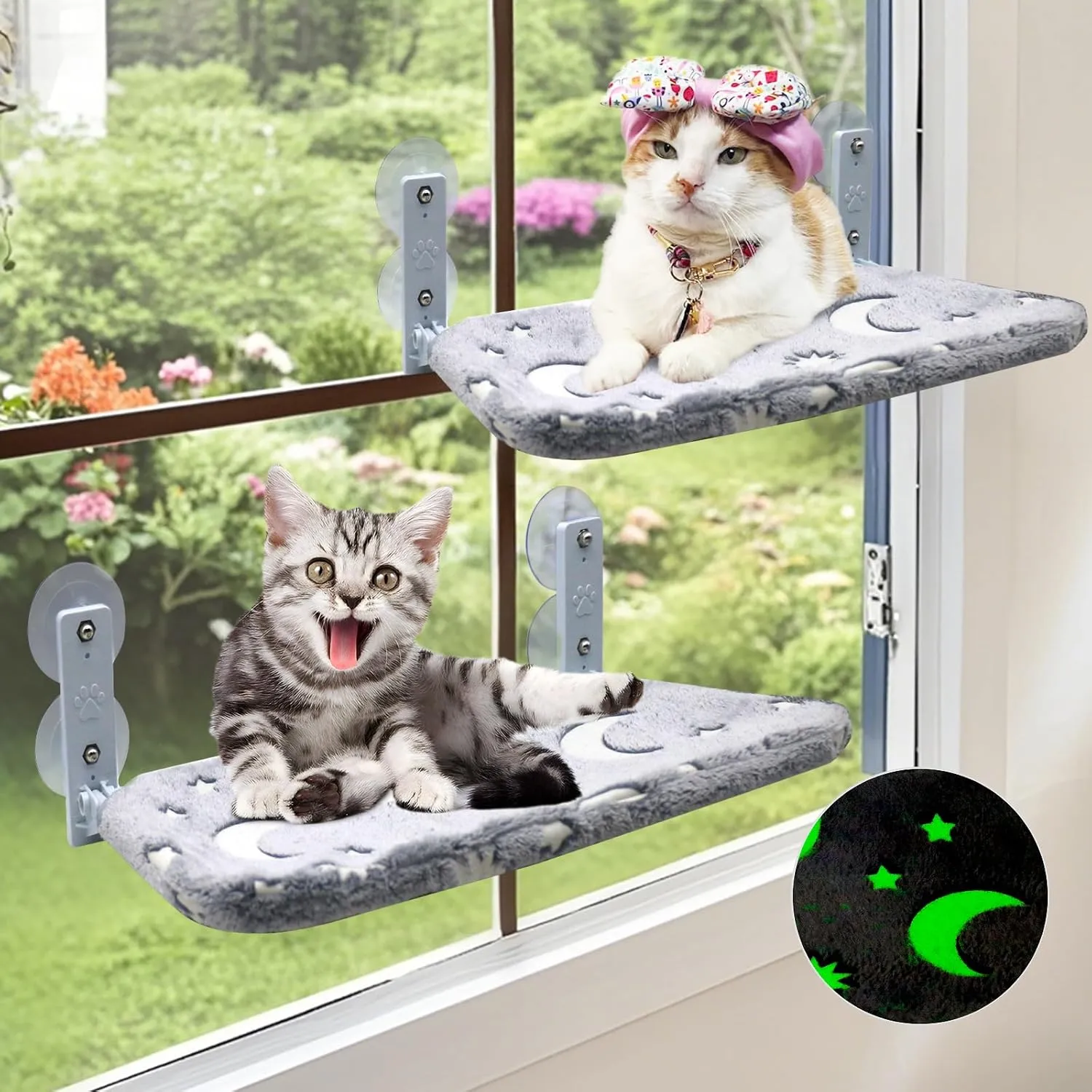 2 Pack Cat Perch, Glow in The Dark Cat Hammock with Large Suction Cups, Foldable Window Seat