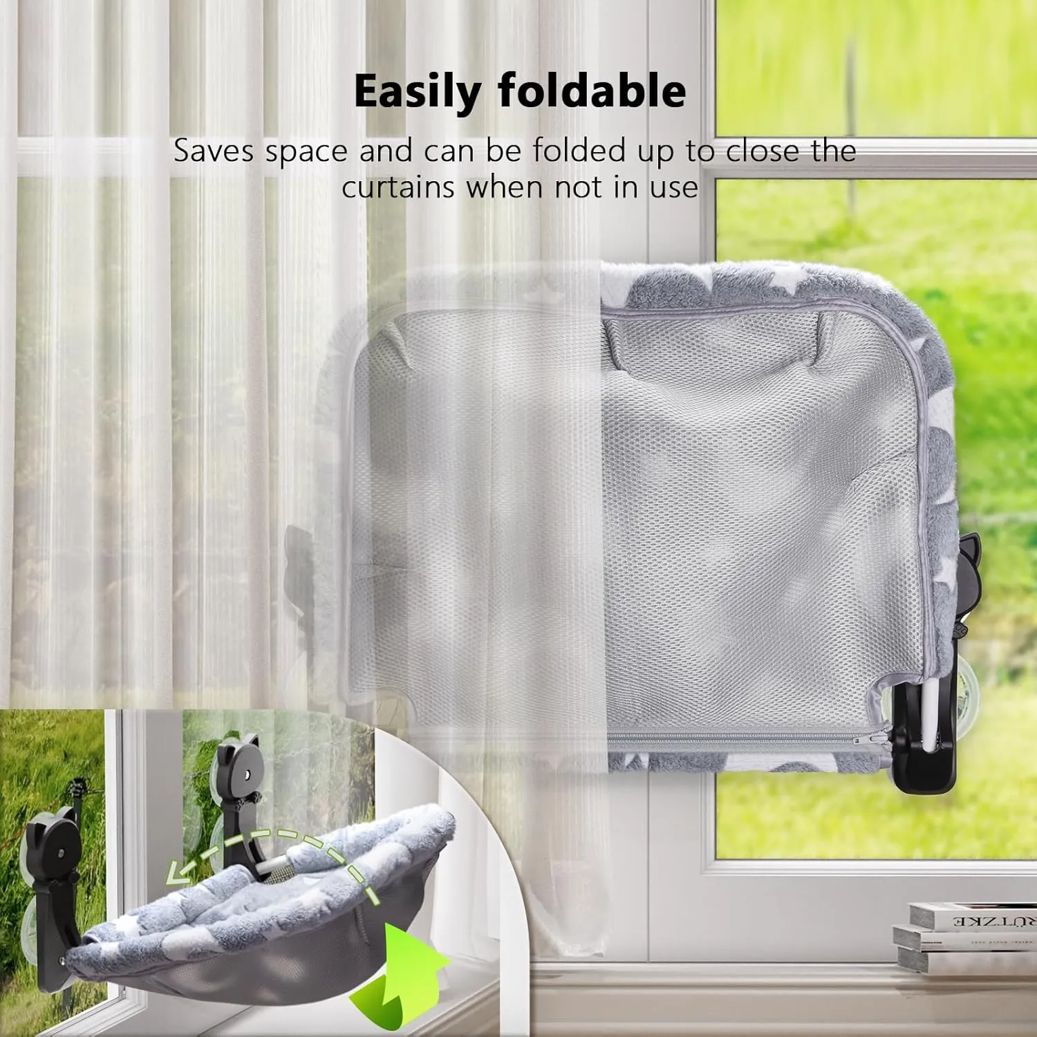 2 Pack Cat Window Perch Cordless, Glow in The Dark Foldable & Stable Cat Beds- Breathable Window Hammock for Overlooking, Sunbathing and Climbing - Maximum Hold Up to 40lb
