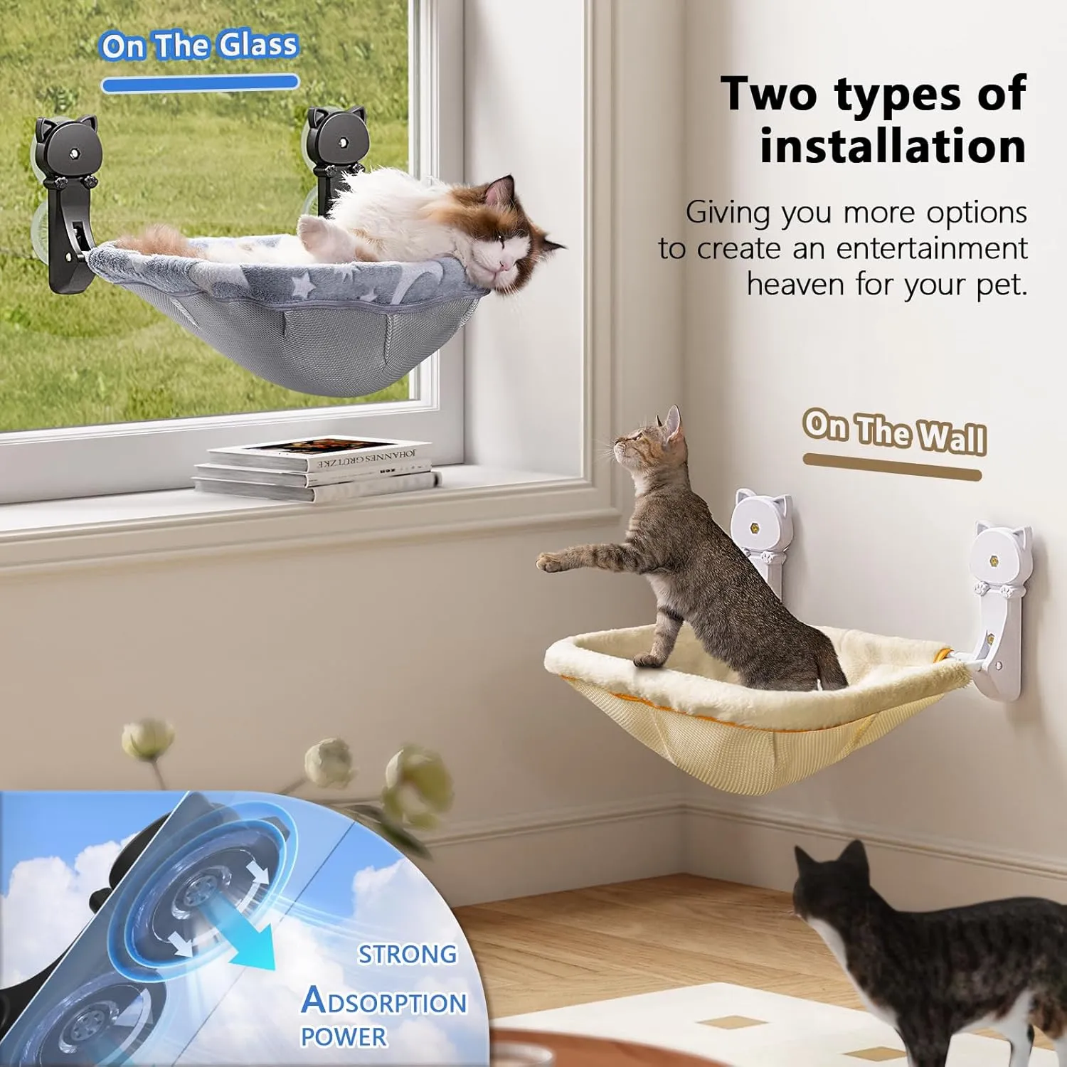 2 Pack Cat Window Perch Cordless, Glow in The Dark Foldable & Stable Cat Beds- Breathable Window Hammock for Overlooking, Sunbathing and Climbing - Maximum Hold Up to 40lb
