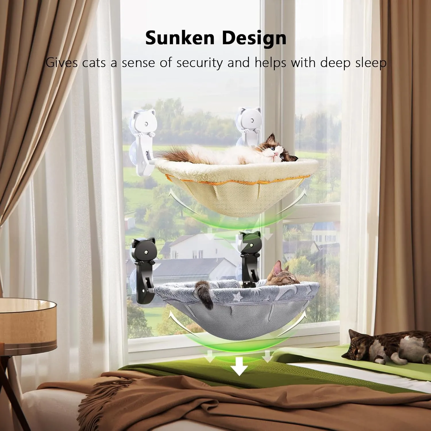 2 Pack Cat Window Perch Cordless, Glow in The Dark Foldable & Stable Cat Beds- Breathable Window Hammock for Overlooking, Sunbathing and Climbing - Maximum Hold Up to 40lb