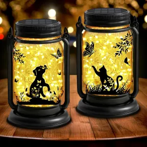 2 Pack Outdoor Hanging Solar Lantern, Cat & Dog Butterfly Vintage Glass Mason Jar, Birthday Mothers Day Gifts for Mom, Grandma, Women, Waterproof Garden lights for Patio Yard Lawn Tree Party Decor