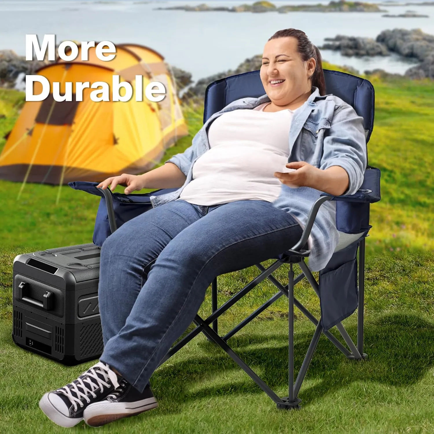 2 Pack Oversized Folding Camping Chair, Heavy Duty Support 500LBS Outdoor Chair with Cup Holder Storage and Cooler Pouch, Collapsible Padded Arm Chair for Sports Garden Beach Fishing, Blue
