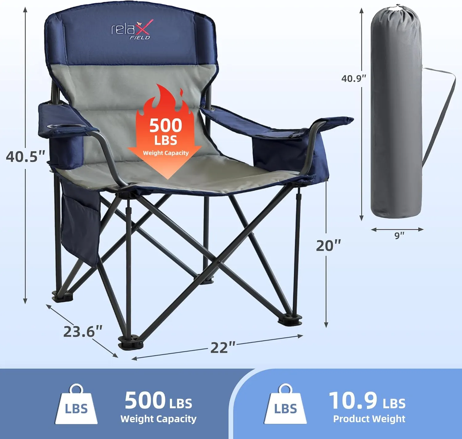 2 Pack Oversized Folding Camping Chair, Heavy Duty Support 500LBS Outdoor Chair with Cup Holder Storage and Cooler Pouch, Collapsible Padded Arm Chair for Sports Garden Beach Fishing, Blue