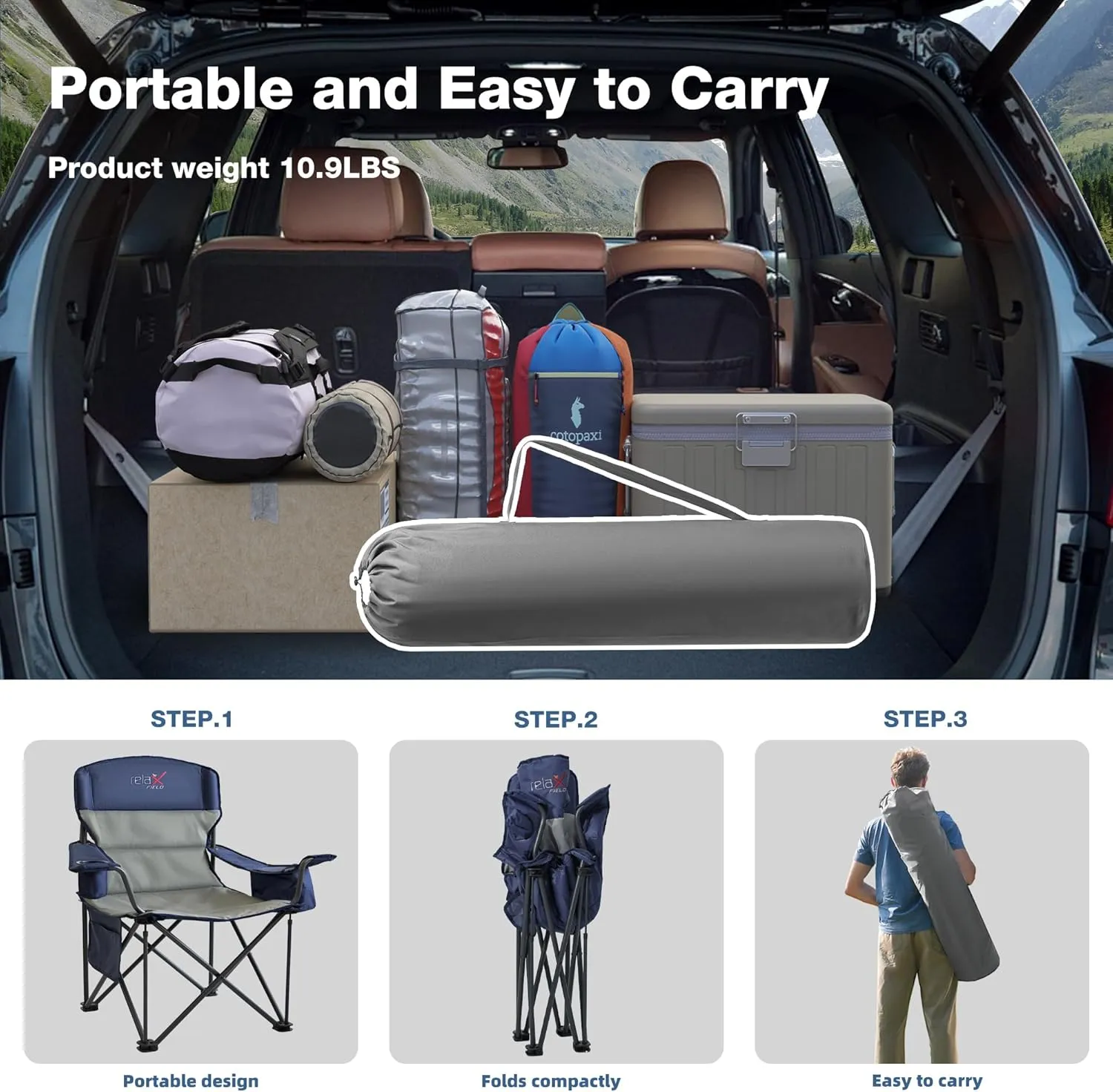 2 Pack Oversized Folding Camping Chair, Heavy Duty Support 500LBS Outdoor Chair with Cup Holder Storage and Cooler Pouch, Collapsible Padded Arm Chair for Sports Garden Beach Fishing, Blue