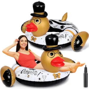 2 Pcs 2025 Graduation Giant Duck Swimming Ring with Pump Large Duck Inflatable Floating Pool Adult Inflatable Hammock Row Fun Pool Float for Beach Party 2025 Graduation Party Supplies