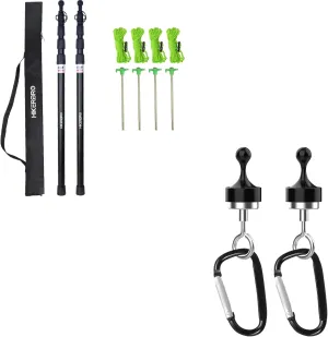 2 Telescoping Tarp Poles, Heavy Duty 7.67ft Aluminum Tent Poles for Tarp & 2 Magnetic Camping Hooks, Heavy-Duty Tent Hanger Hooks with Magnet Clip