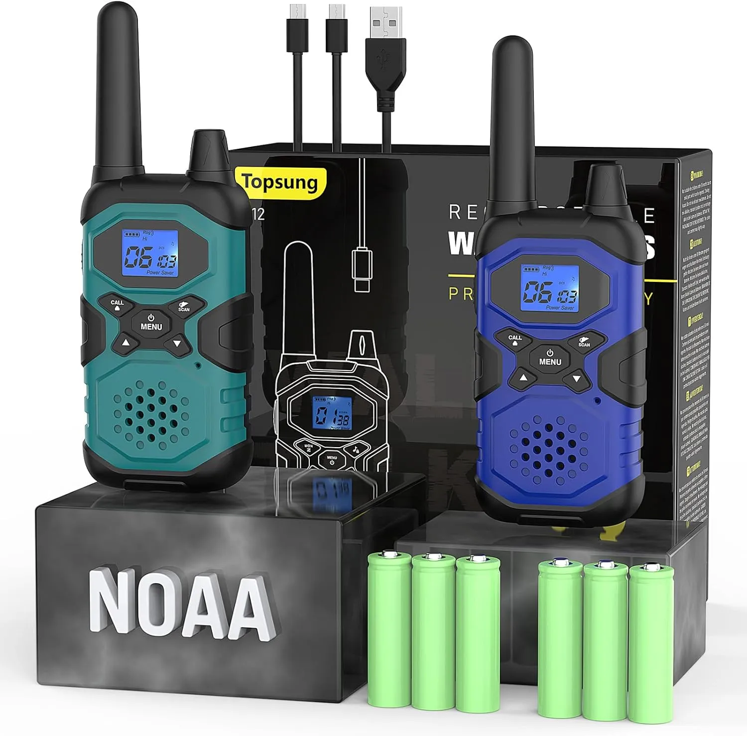 2 Way Radios for Adults Long Range Walkie Talkies Rechargeable 2 Pack, Multi-purpose NOAA Walkie-Talkies with USB 4500mAh Battery for Family Senior Care Working Adventure Camping Hiking Cruise