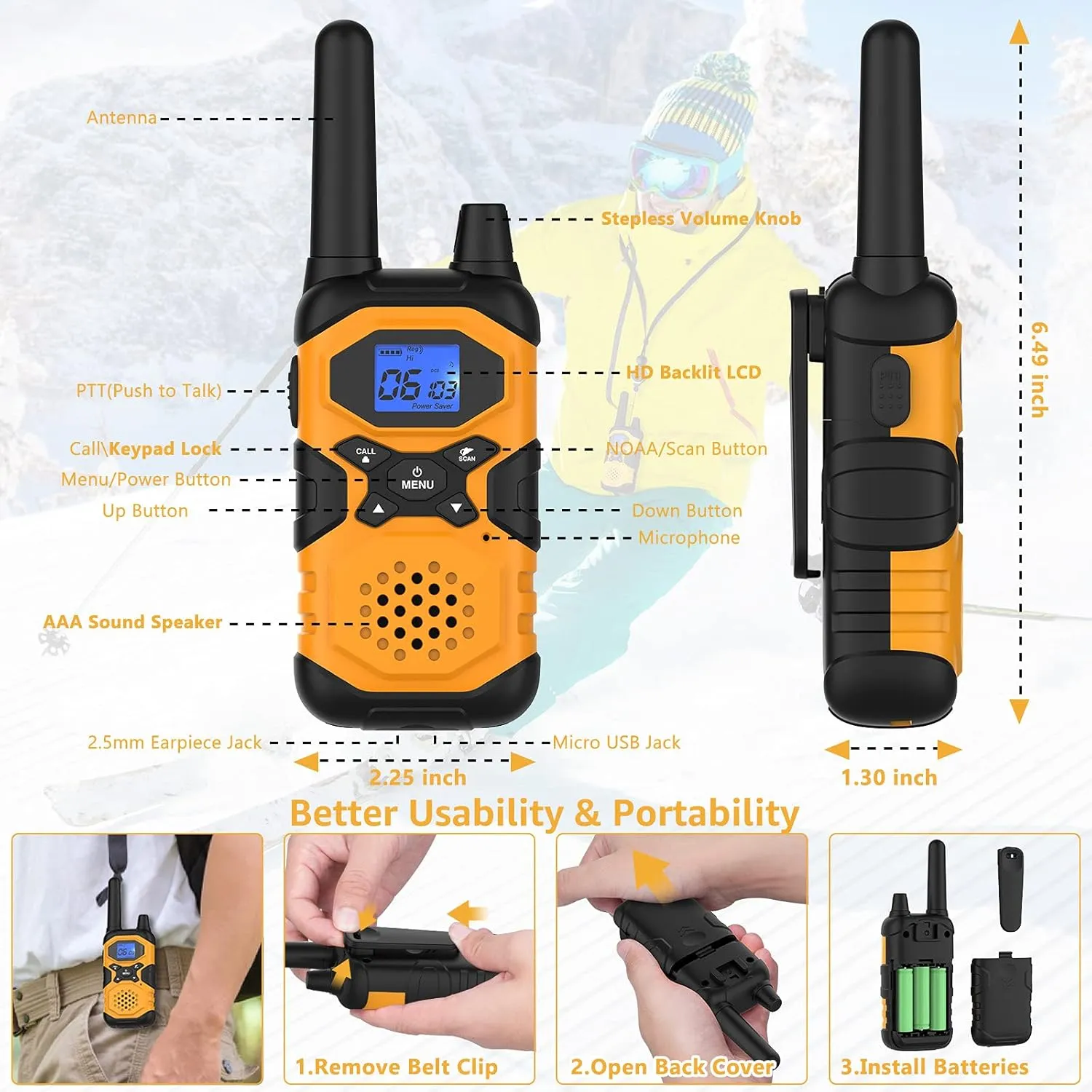 2 Way Radios Walkie Talkies for Adults Long Range Rechargeable 2 Pack, Multi-purpose NOAA Hiking Camping Accessories with 4500mAh Battery USB Lanyards for Family Senior Care Garage Work Cruise