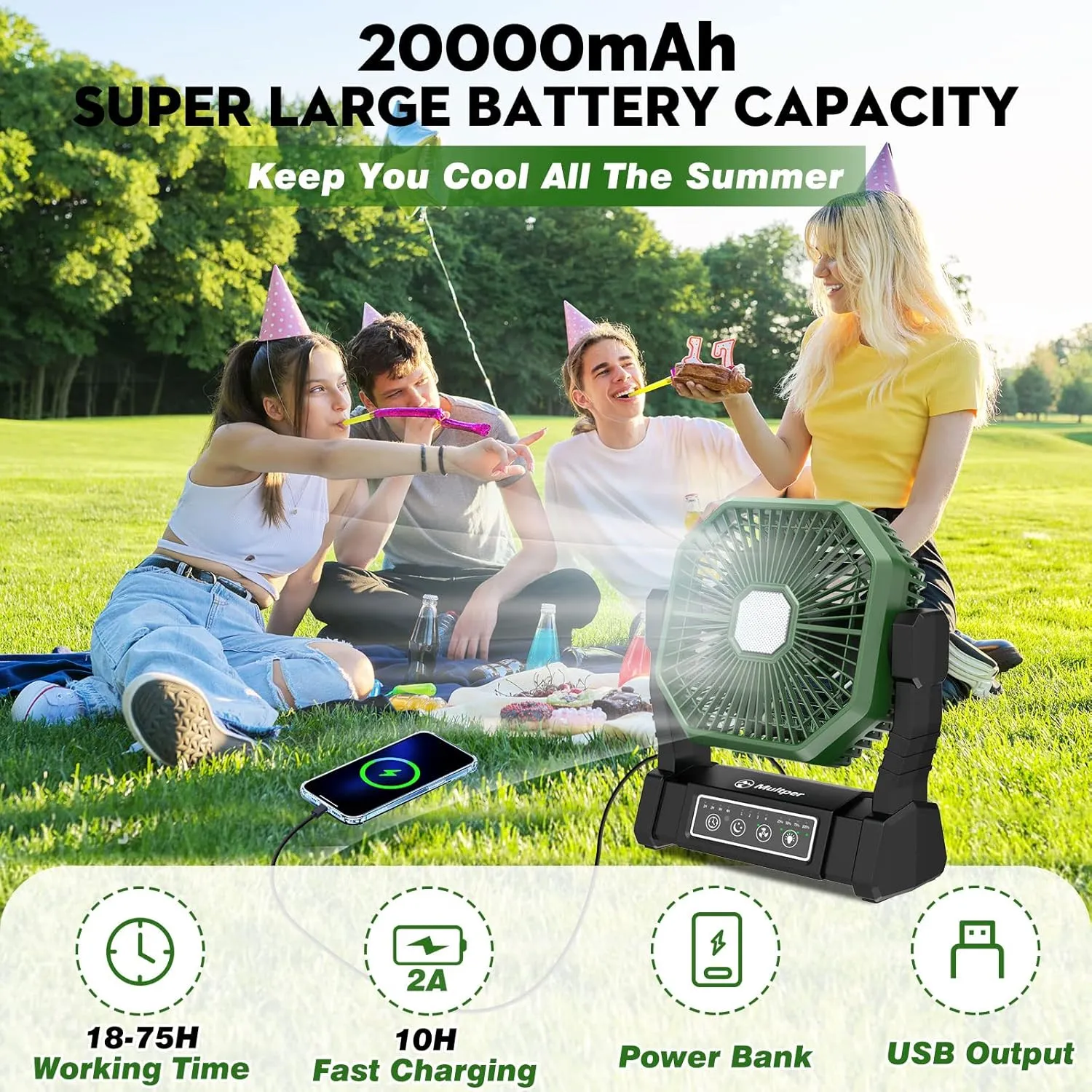 20000mAh Camping Fan Rechargeable with LED Lantern, Battery Operated Fan Outdoor Camping Fans for Tents with Remote & Hook, 4 Speed 4 Timing Table Fan for Fishing, Camping, Travel, Jobsite