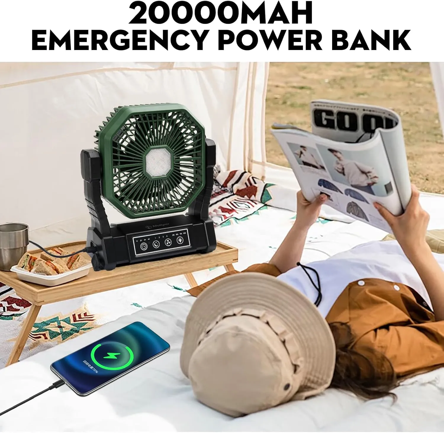 20000mAh Camping Fan Rechargeable with LED Lantern, Battery Operated Fan Outdoor Camping Fans for Tents with Remote & Hook, 4 Speed 4 Timing Table Fan for Fishing, Camping, Travel, Jobsite
