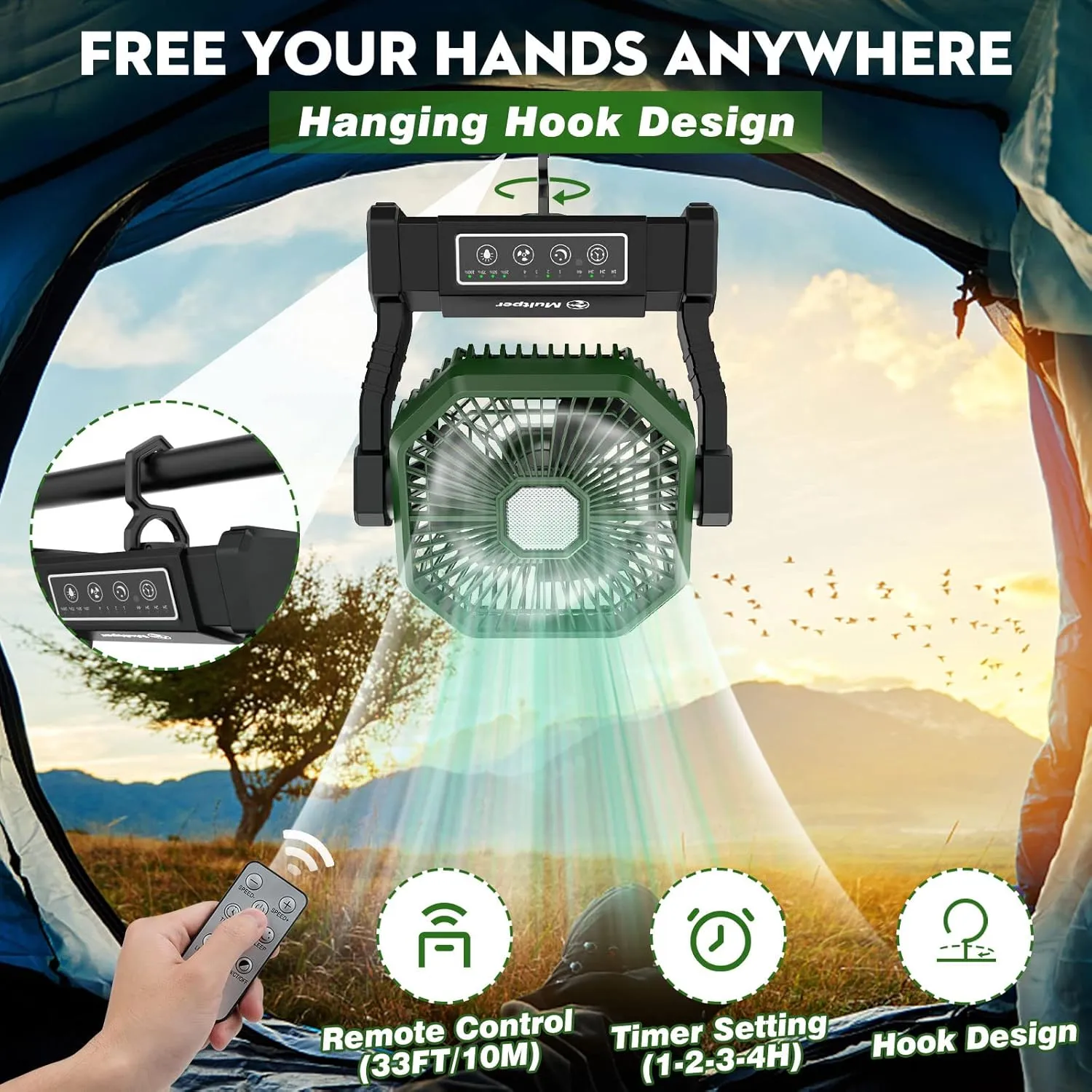 20000mAh Camping Fan Rechargeable with LED Lantern, Battery Operated Fan Outdoor Camping Fans for Tents with Remote & Hook, 4 Speed 4 Timing Table Fan for Fishing, Camping, Travel, Jobsite