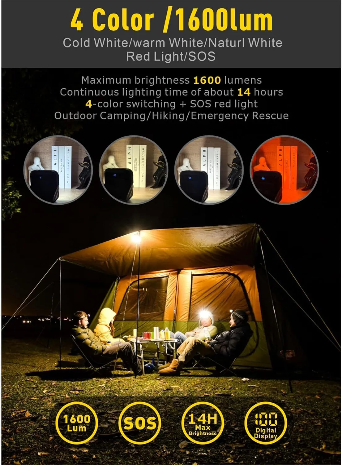 20000mAh Rechargeable LED Camping Lantern - 1600LM, QC3.0 22.5W, 4 - Color Switch, IPX5 Waterproof - Perfect for Camping, Hiking & Emergency Situations (Khaki)