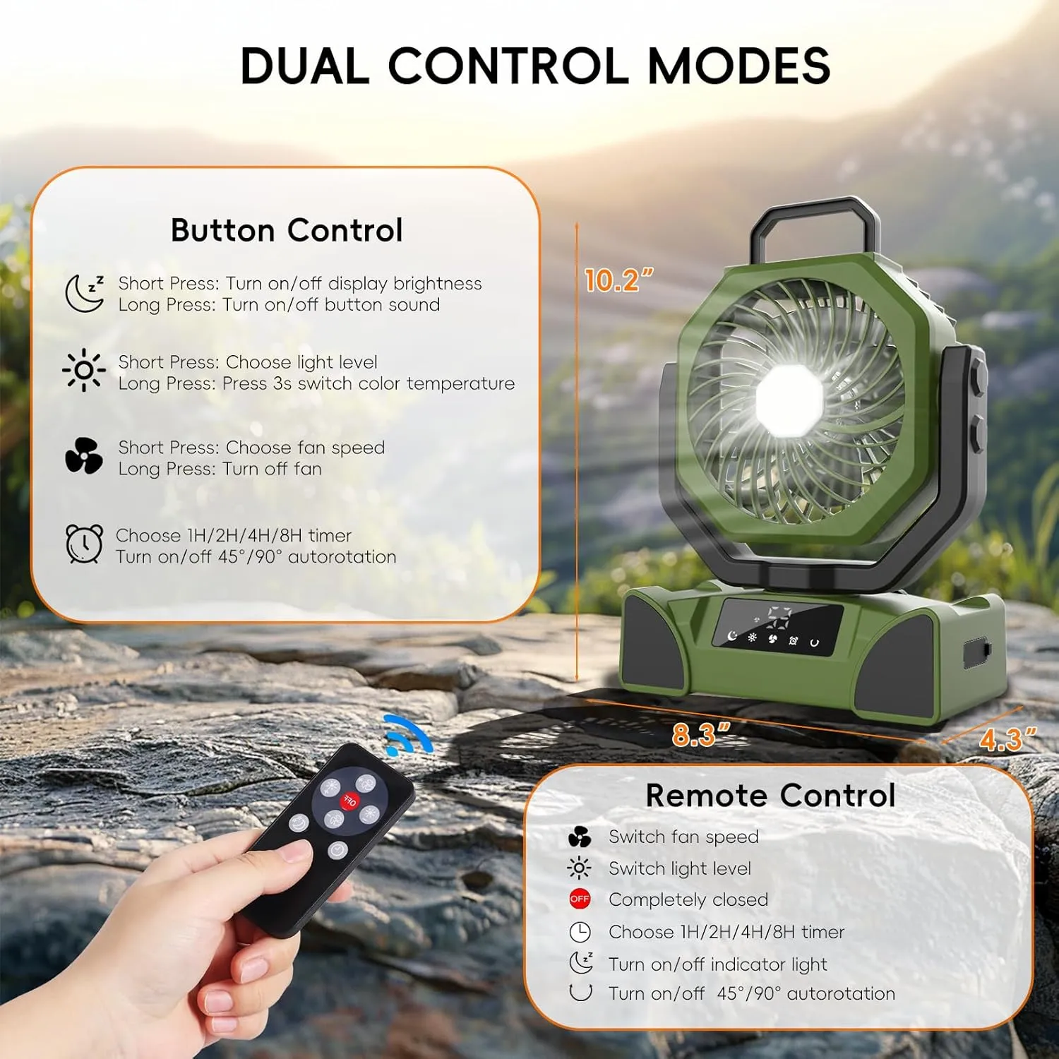 20000mAh Solar Camping Fan, Portable Rechargeable Battery & Solar Powered Fan with 7W Solar Panel, Remote Control, Auto Oscillating, LED Display, Light, Timer for Outdoor Camp, Beach, Travel Tent