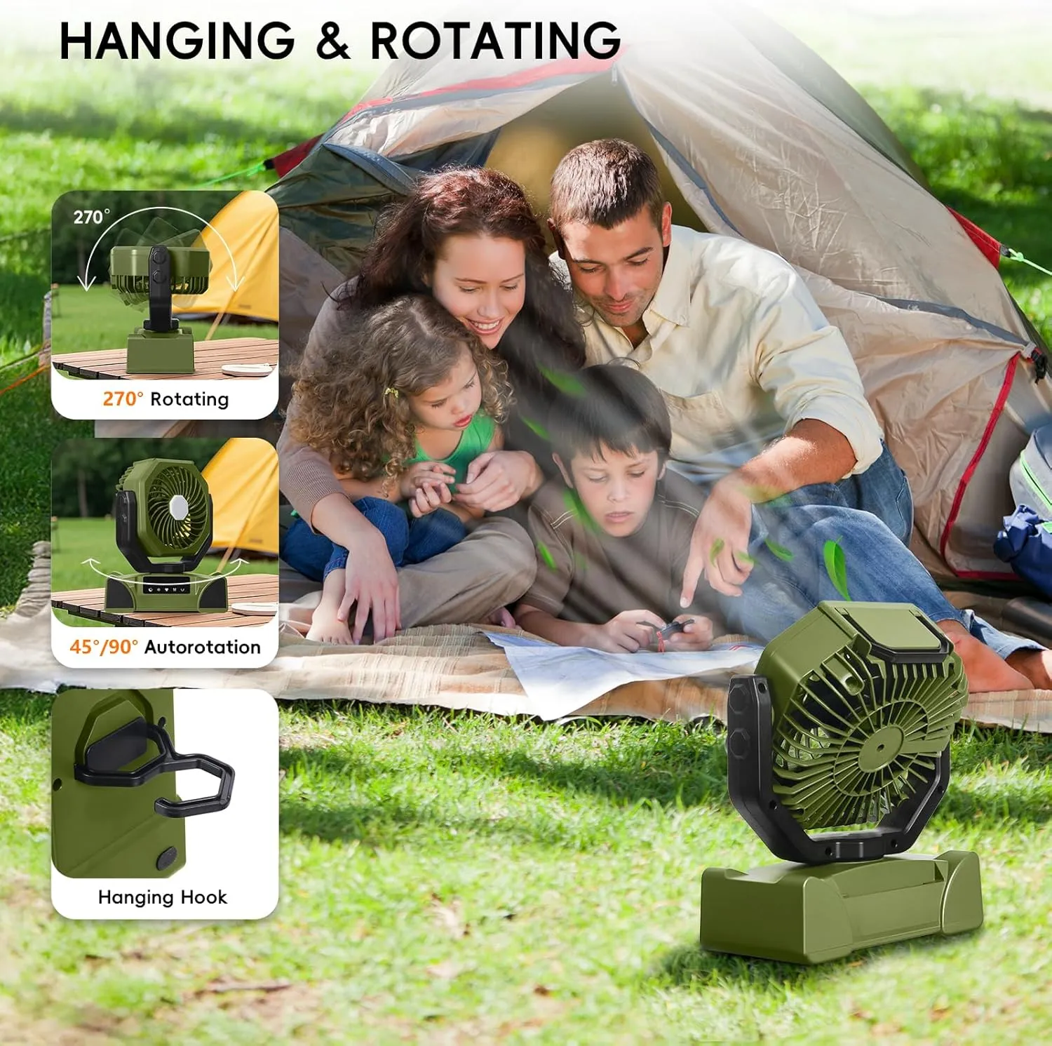20000mAh Solar Camping Fan, Portable Rechargeable Battery & Solar Powered Fan with 7W Solar Panel, Remote Control, Auto Oscillating, LED Display, Light, Timer for Outdoor Camp, Beach, Travel Tent