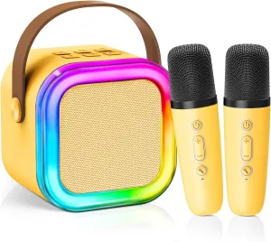 【2025 Newest】 Mini Karaoke Machine for Kids Girls & Boys - Portable Bluetooth Speaker with 2 Wireless Microphones - Kids Birthday Gifts for Ages 4-10 - Kids' Instrument Accessories - Yellow