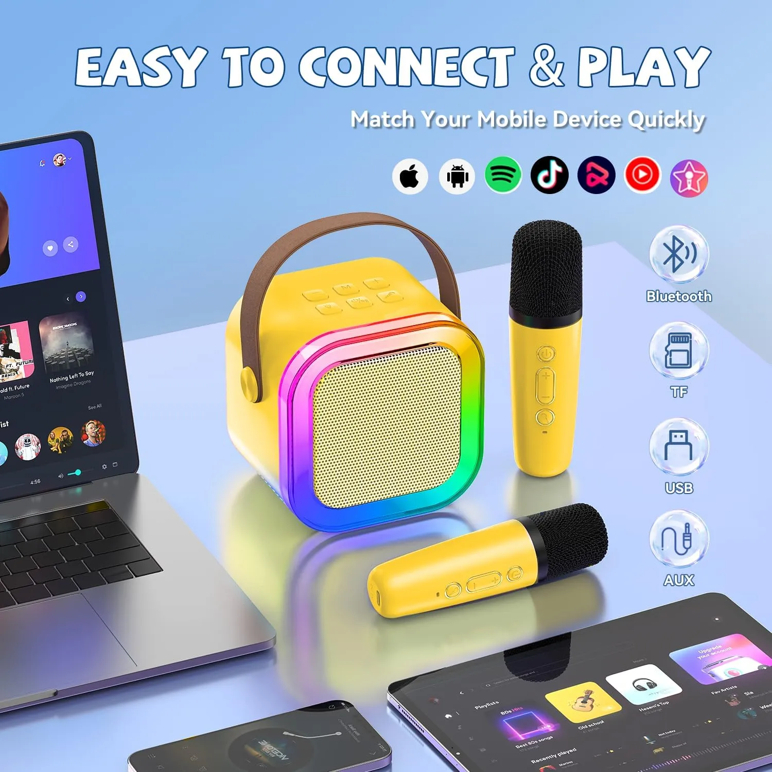 【2025 Newest】 Mini Karaoke Machine for Kids Girls & Boys - Portable Bluetooth Speaker with 2 Wireless Microphones - Kids Birthday Gifts for Ages 4-10 - Kids' Instrument Accessories - Yellow