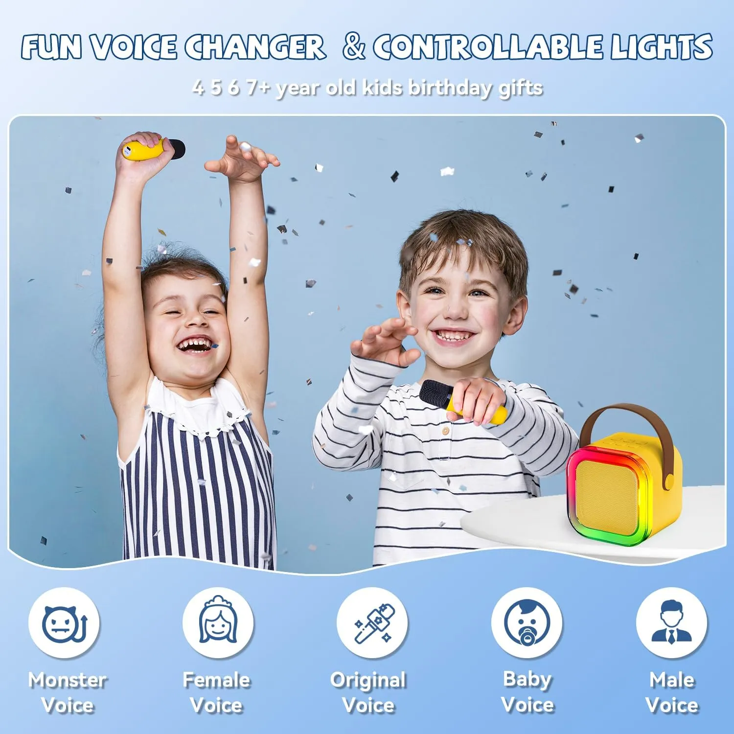 【2025 Newest】 Mini Karaoke Machine for Kids Girls & Boys - Portable Bluetooth Speaker with 2 Wireless Microphones - Kids Birthday Gifts for Ages 4-10 - Kids' Instrument Accessories - Yellow