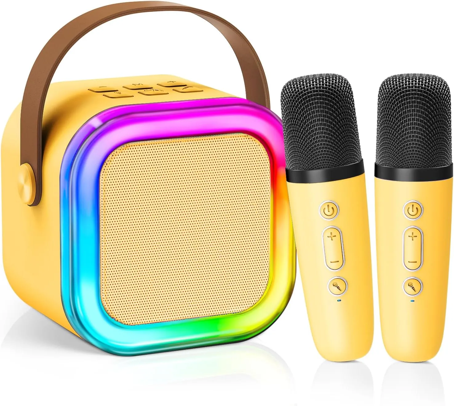 【2025 Newest】 Mini Karaoke Machine for Kids Girls & Boys - Portable Bluetooth Speaker with 2 Wireless Microphones - Kids Birthday Gifts for Ages 4-10 - Kids' Instrument Accessories - Yellow