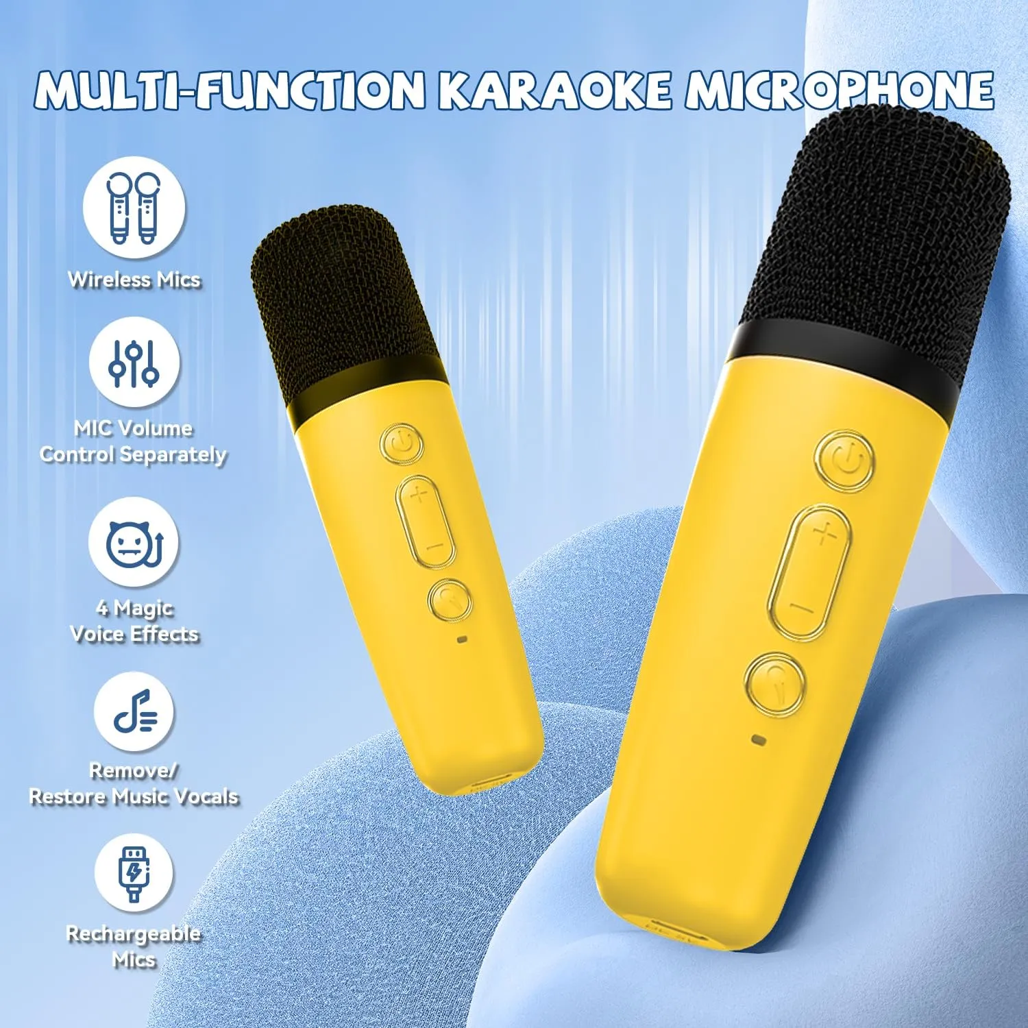 【2025 Newest】 Mini Karaoke Machine for Kids Girls & Boys - Portable Bluetooth Speaker with 2 Wireless Microphones - Kids Birthday Gifts for Ages 4-10 - Kids' Instrument Accessories - Yellow