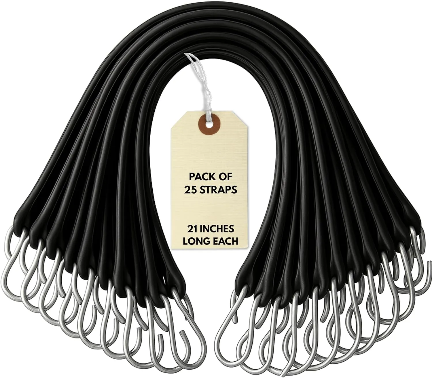 21" Inch 25 Pack Rubber Bungee Cords with Metal Hooks for Flatbed Trucks- Heavy Duty Tarp Tie Down Straps