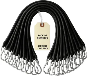 21" Inch 25 Pack Rubber Bungee Cords with Metal Hooks for Flatbed Trucks- Heavy Duty Tarp Tie Down Straps
