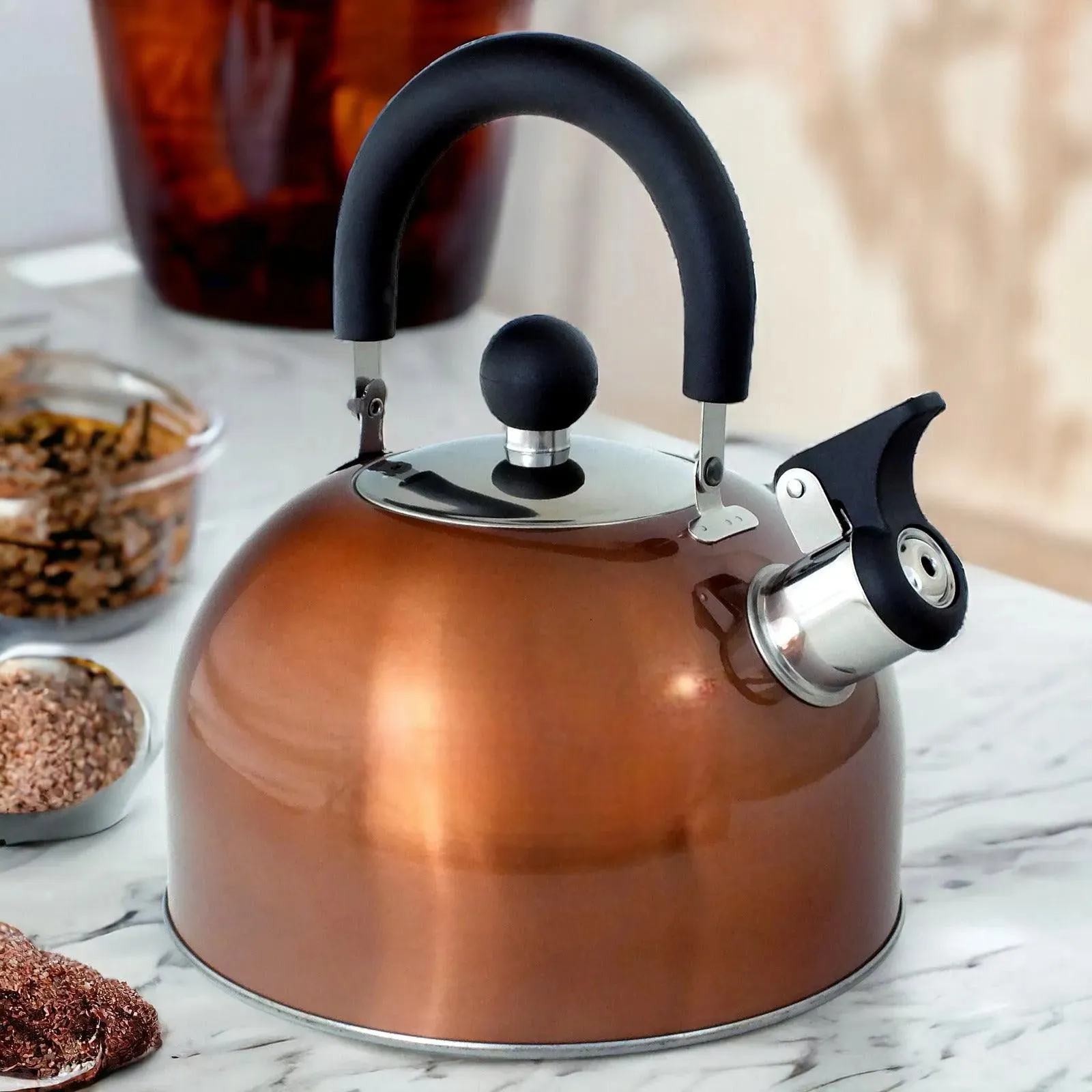 2.5 Litre Stainless Steel Stovetop Whistling Kettle with Metallic Copper Finish