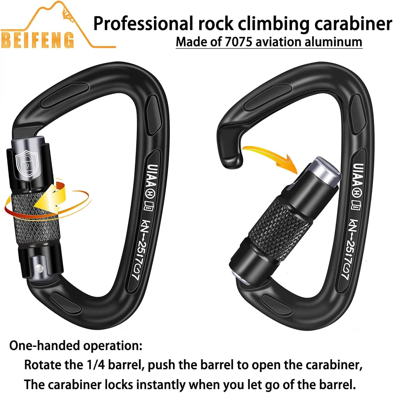 25KN Auto Locking Carabiner - UIAA Certified Heavy Duty Climbing Carabiners for Rock Climbing, Camping, Rappelling, Hunting, Rescue Equipment - Professional Carabiner Clips (Black)