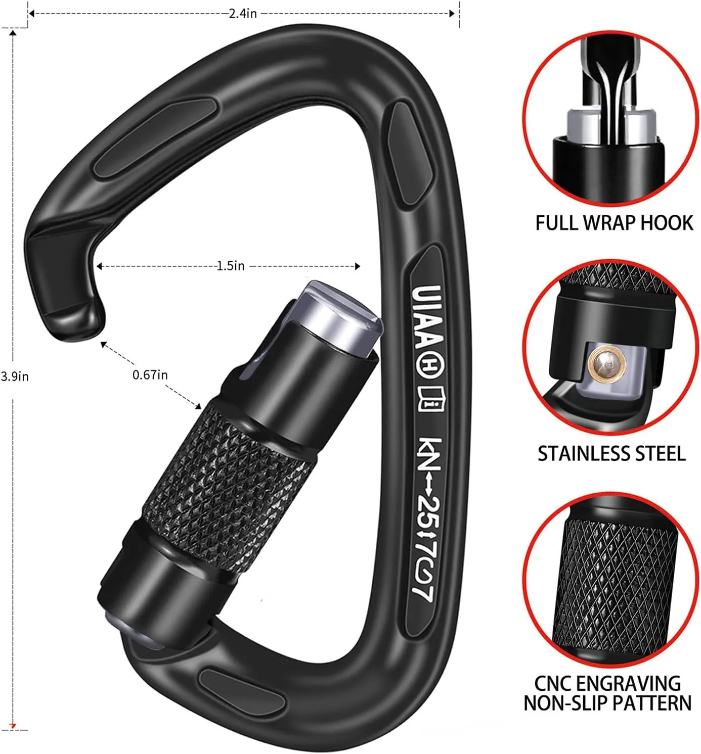 25KN Auto Locking Carabiner - UIAA Certified Heavy Duty Climbing Carabiners for Rock Climbing, Camping, Rappelling, Hunting, Rescue Equipment - Professional Carabiner Clips (Black)