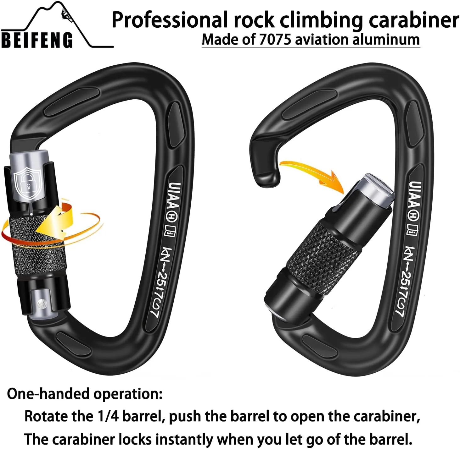25KN Auto Locking Carabiner - UIAA Certified Heavy Duty Climbing Carabiners for Rock Climbing, Camping, Rappelling, Hunting, Rescue Equipment - Professional Carabiner Clips (Black)