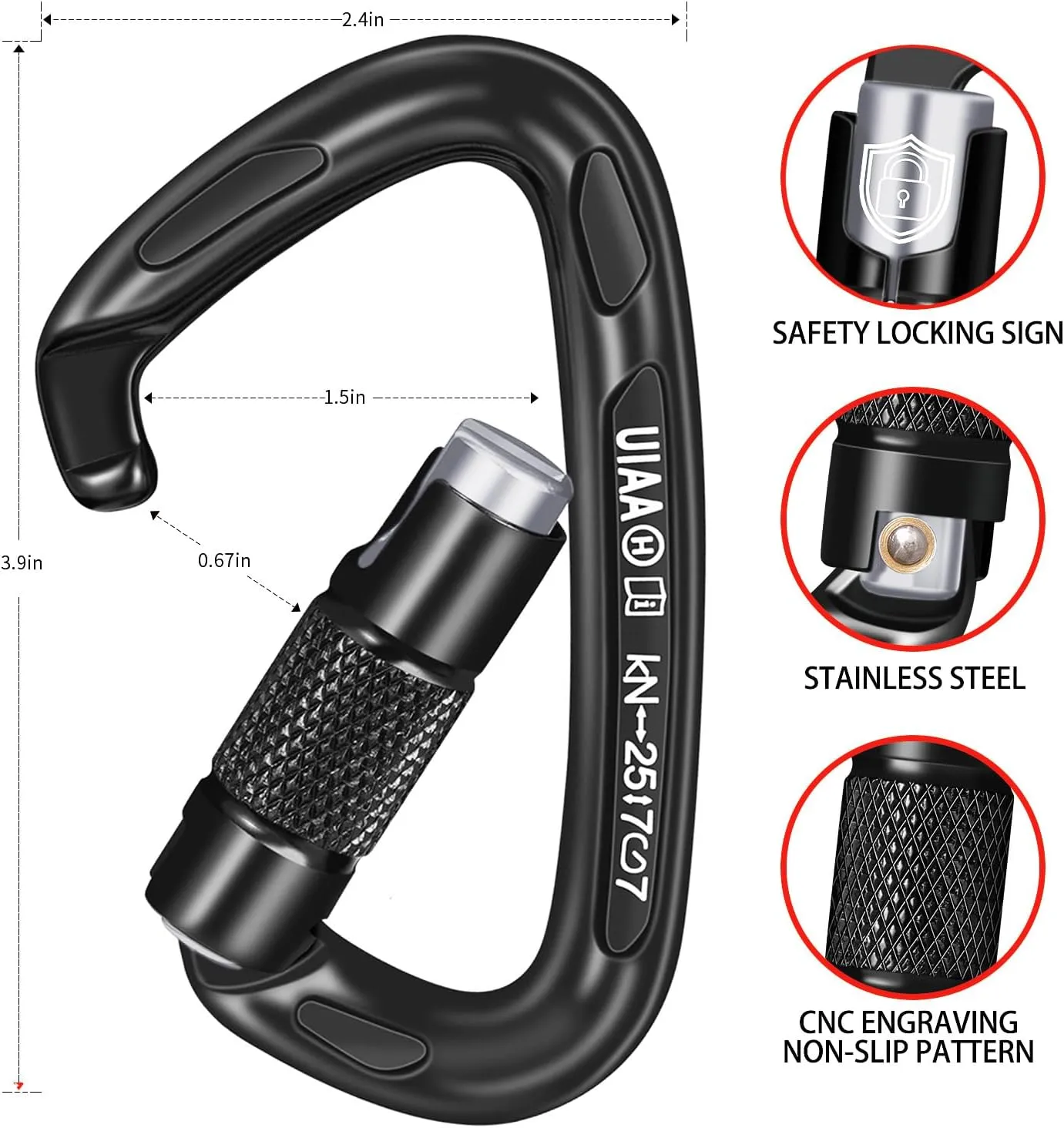 25KN Auto Locking Carabiner - UIAA Certified Heavy Duty Climbing Carabiners for Rock Climbing, Camping, Rappelling, Hunting, Rescue Equipment - Professional Carabiner Clips (Black)