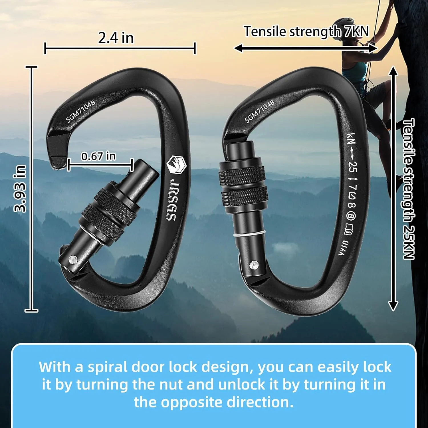 25KN Locking Climbing Carabiner Clips, UlAA Certified Rockclimbing Carabiner,Heavy Duty Carabiners Equipment,Large SizeCarabiner for Climbing, Rappelling,Hunting and Rescue
