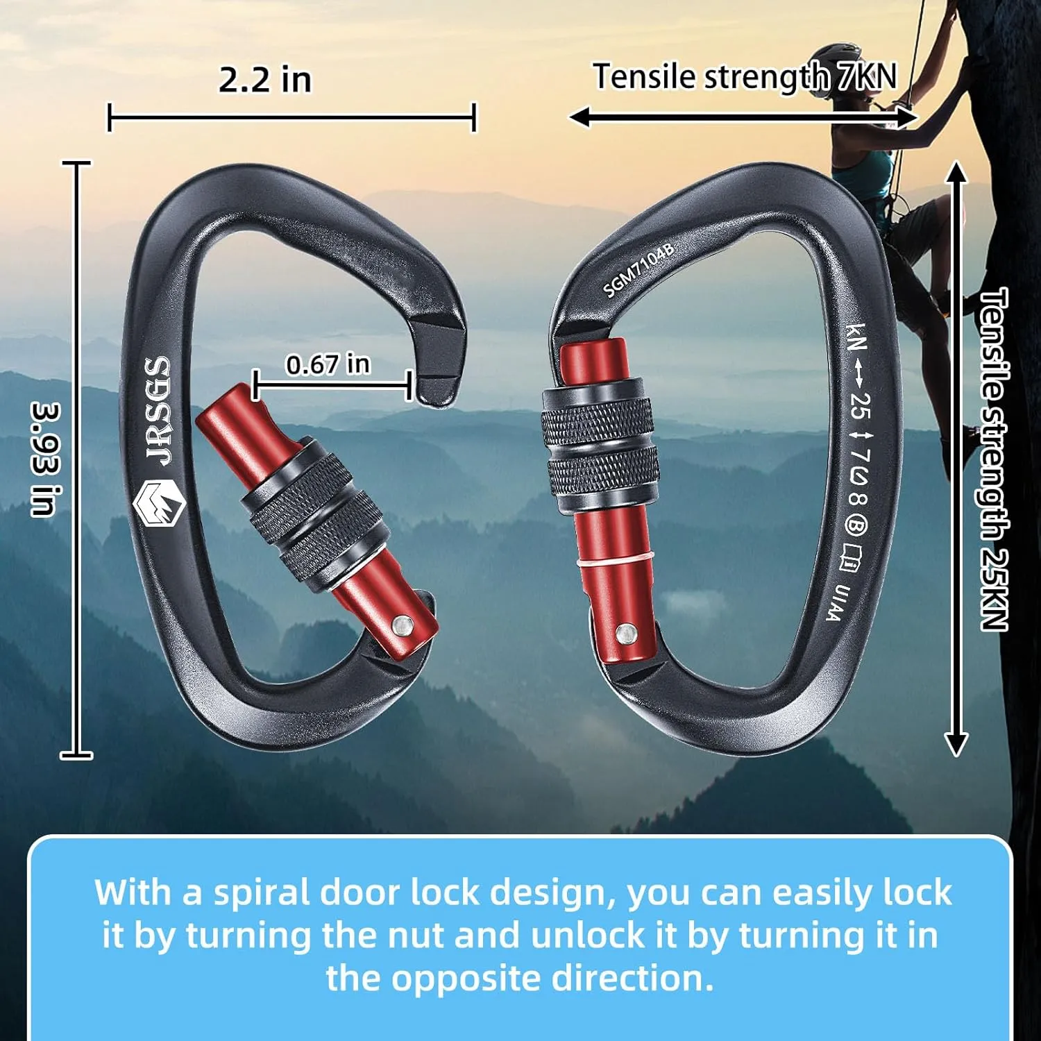 25KN Locking Climbing Carabiner Clips, UlAA Certified Rockclimbing Carabiner,Heavy Duty Carabiners Equipment,Large SizeCarabiner for Climbing, Rappelling,Hunting and Rescue