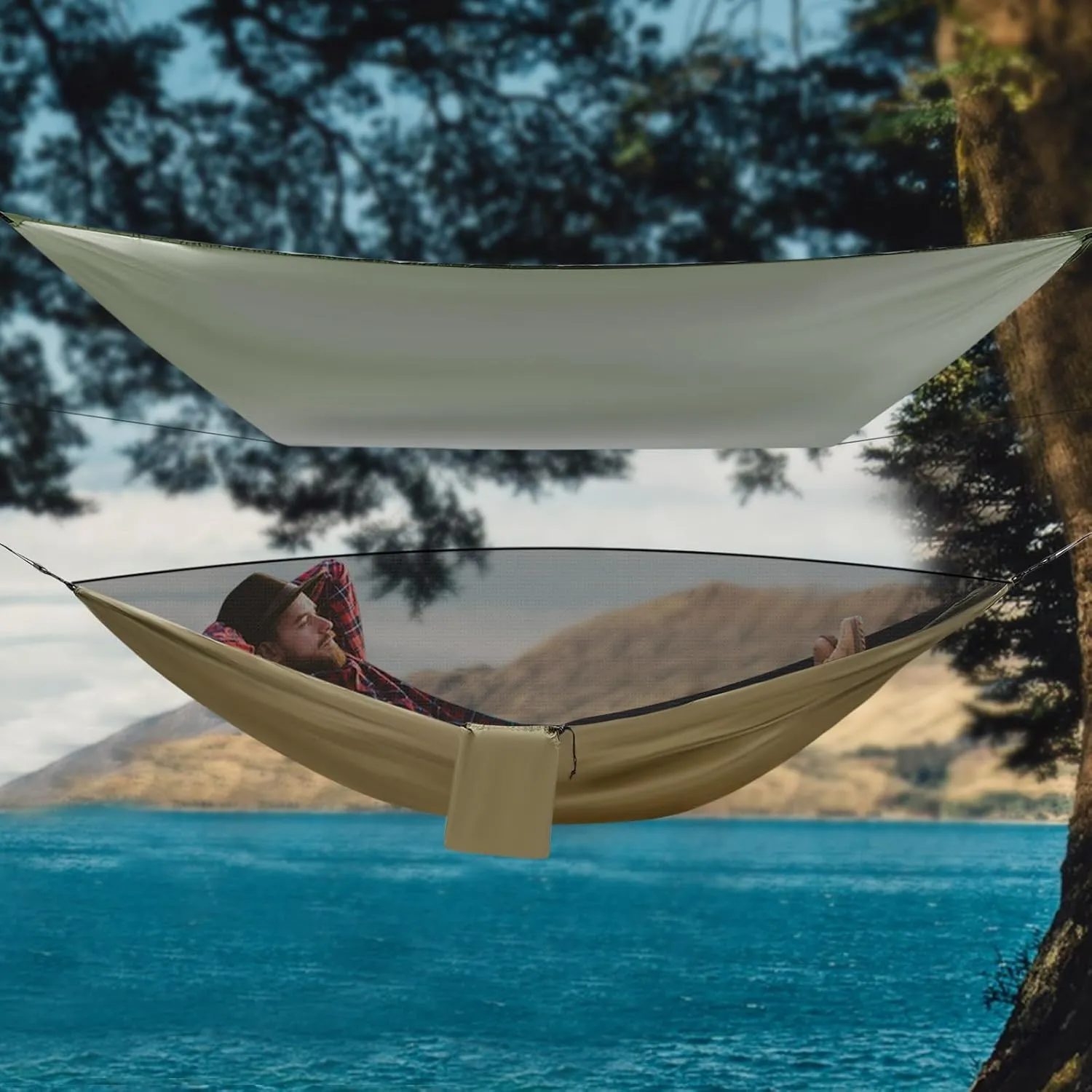2in1 Camping Hammock, Portablehammock with Mosquito Net, Double Zipper Design and Lastic Wind Ropes, Suitable for Outdoor Hiking and Survival Travel (Black, Grey)