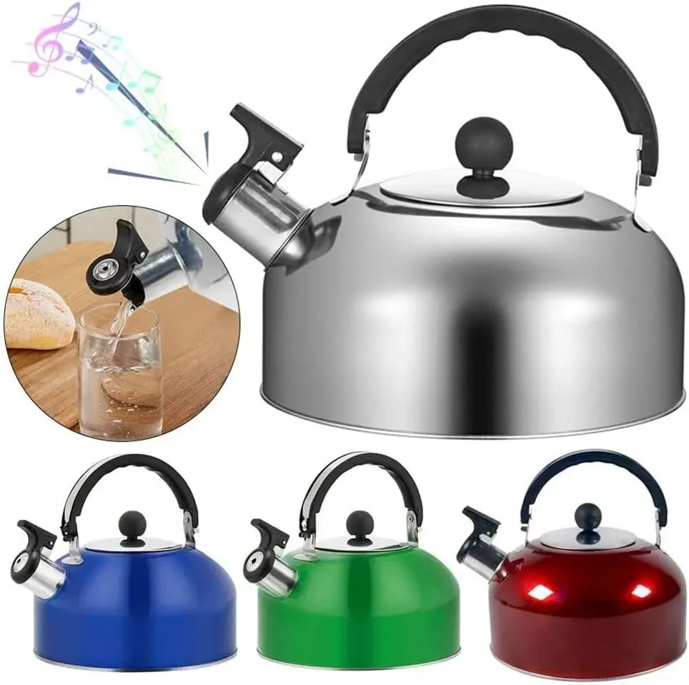 2L Stainless Steel Whistling Kettle for Stovetop, Electric or Induction Hob, Camping Tea Pot with Easy-Grip Handle(Green)