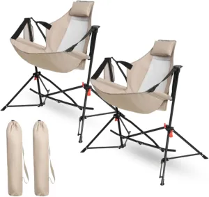 2pcs Hammock Camping Chair, Folding Portable Rocking Chair, Aluminum Alloy Adjustable Backrest, with Pillow Cup Holder, with Carrying Bag, Suitable for Outdoor Travel Lawn Backyard, Khaki
