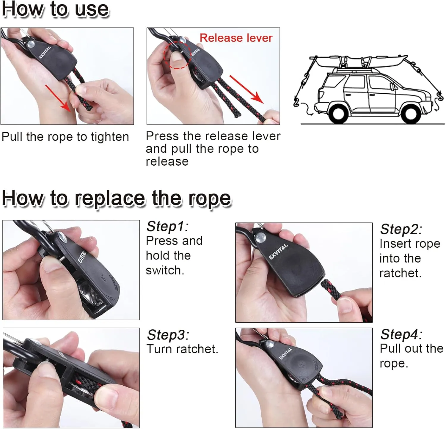 2PCS Kayak Rope Ratchet Tie Down Straps 3/8" ×12' Bow and Stern Tie Down Kayak with Safety S Hook Heavy Duty Ratchet Rope Kayak and Canoe Accessories Black