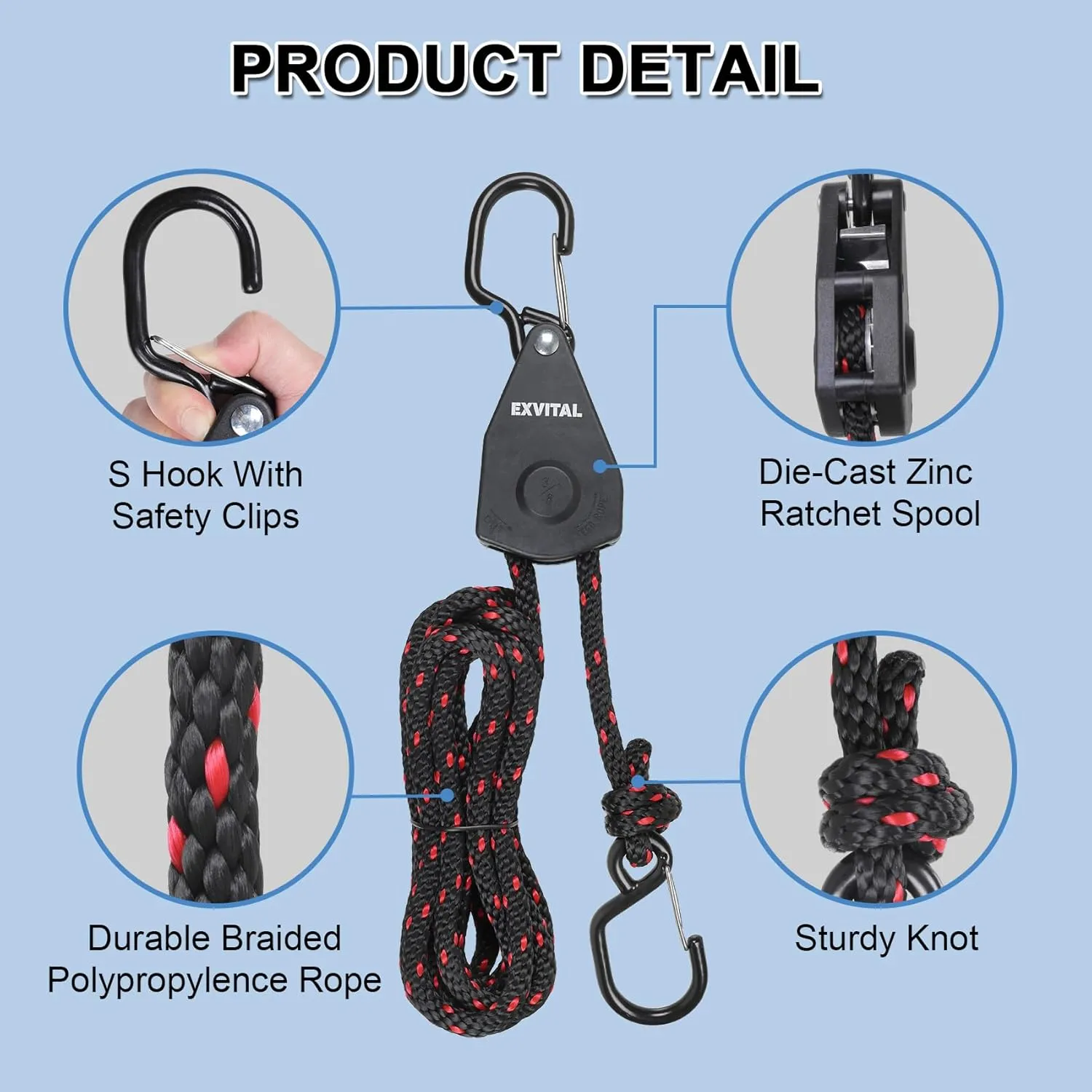2PCS Kayak Rope Ratchet Tie Down Straps 3/8" ×12' Bow and Stern Tie Down Kayak with Safety S Hook Heavy Duty Ratchet Rope Kayak and Canoe Accessories Black