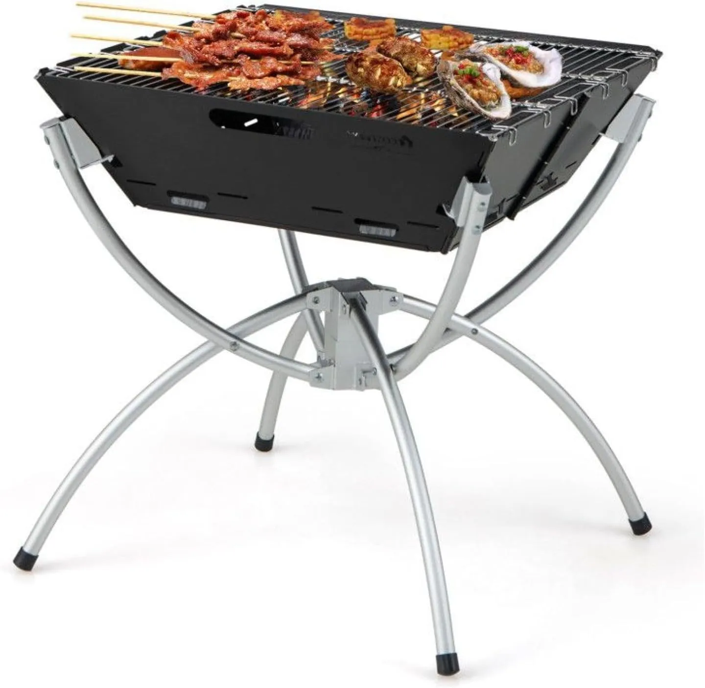 3 in 1 Camping Campfire Grill with Stainless Steel Carrying Bag & Gloves, Portable BBQ Grill Camp for Outdoor Cooking （304 Stainless Steel）Silver
