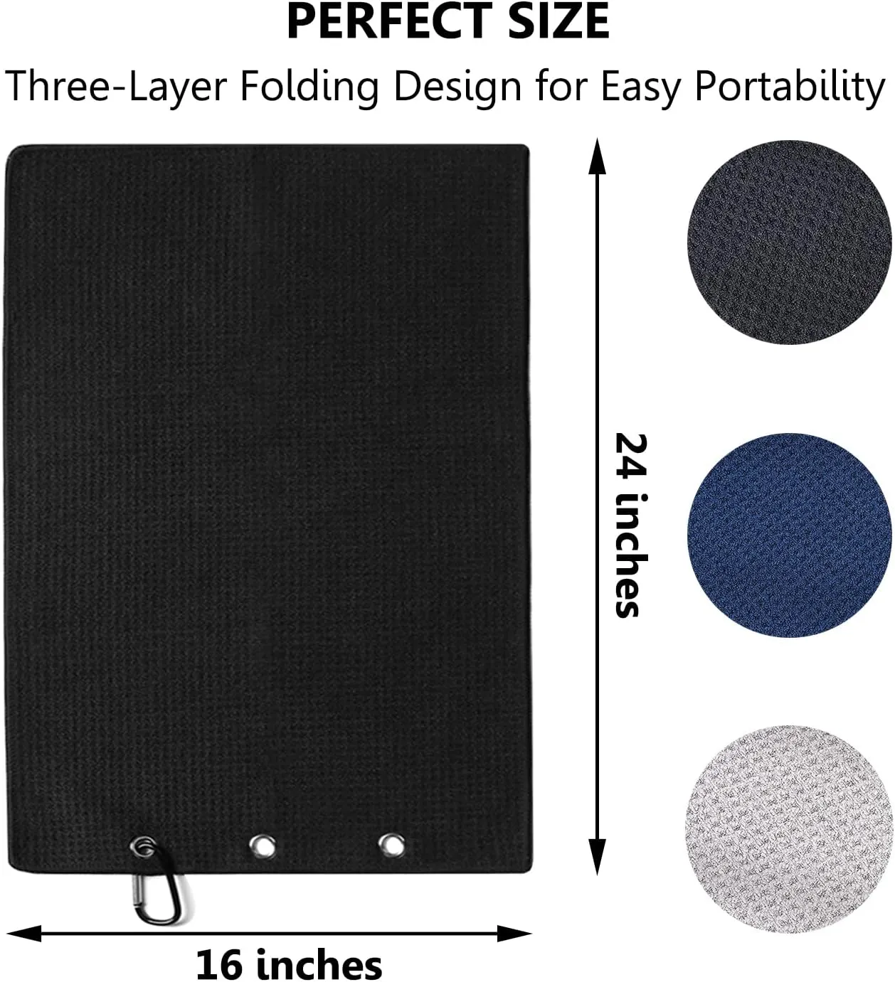 3 Pack Large Golf Towels, 16" x 24" Tri-Fold Portable Microfiber Fabric Waffle Pattern Golf Towel for Golf Bag with Carabiner Clip to Quickly Remove Sand, Mud, Dirt and Sweat