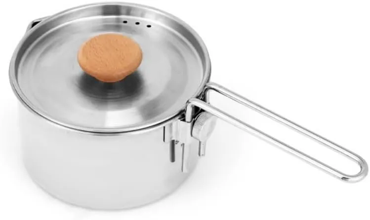 304 Stainless Steel Camping Pot, 1L Lightweight Outdoor Cooking Pot Easy Clean Camp Boiling Pot with Fold-able Handle and Lid for Camping Picnic Hiking, Portable Mini Camping Kettle Cookware