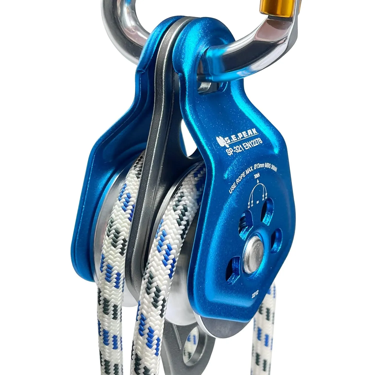 30kN Upgraded Rescue Double Pulley Sheave with Swing Plate,CE High Strength Pulley for Backyard Zipline, Climbing, Rock Rescue Lifting, Hauling, Fit Rope up to 13 mm/Holds Up to 6750lbs,Blue