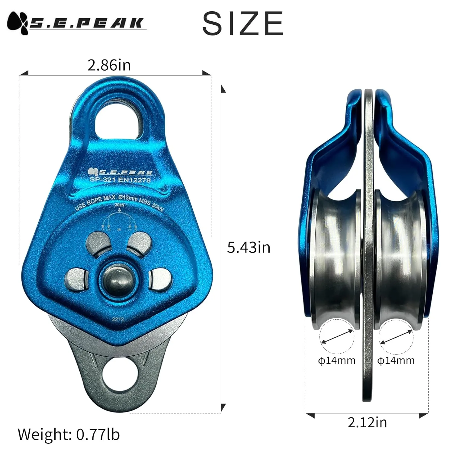 30kN Upgraded Rescue Double Pulley Sheave with Swing Plate,CE High Strength Pulley for Backyard Zipline, Climbing, Rock Rescue Lifting, Hauling, Fit Rope up to 13 mm/Holds Up to 6750lbs,Blue